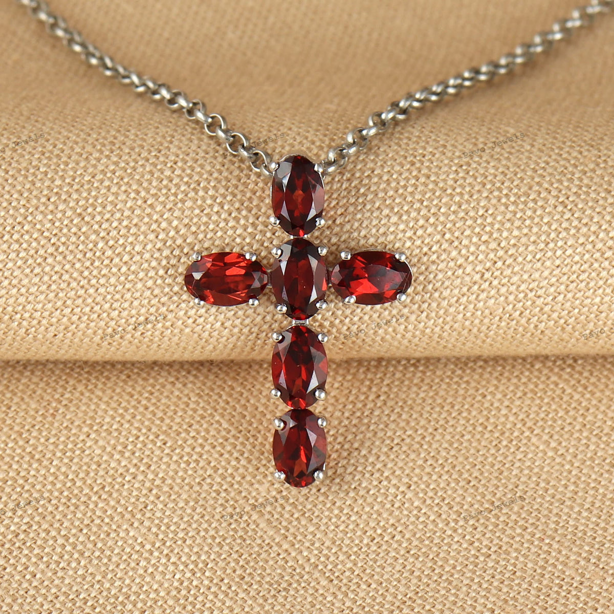 Garnet Cross Pendant: Oval Gemstone, 925 Sterling Silver