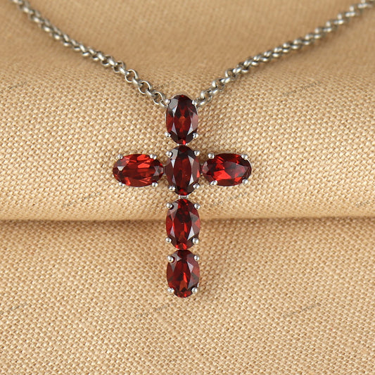 Garnet Cross Pendant: Oval Gemstone, 925 Sterling Silver