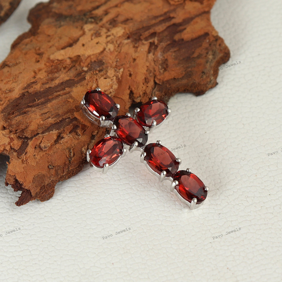 Garnet Cross Pendant: Oval Gemstone, 925 Sterling Silver