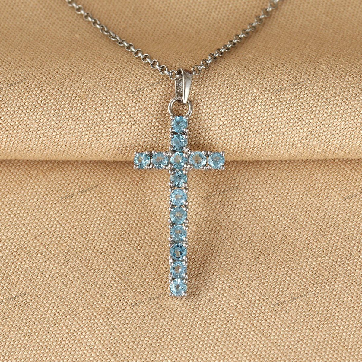 Natural Swiss Blue Topaz Cross Pendant, Sterling Silver, December Birthstone Jewelry