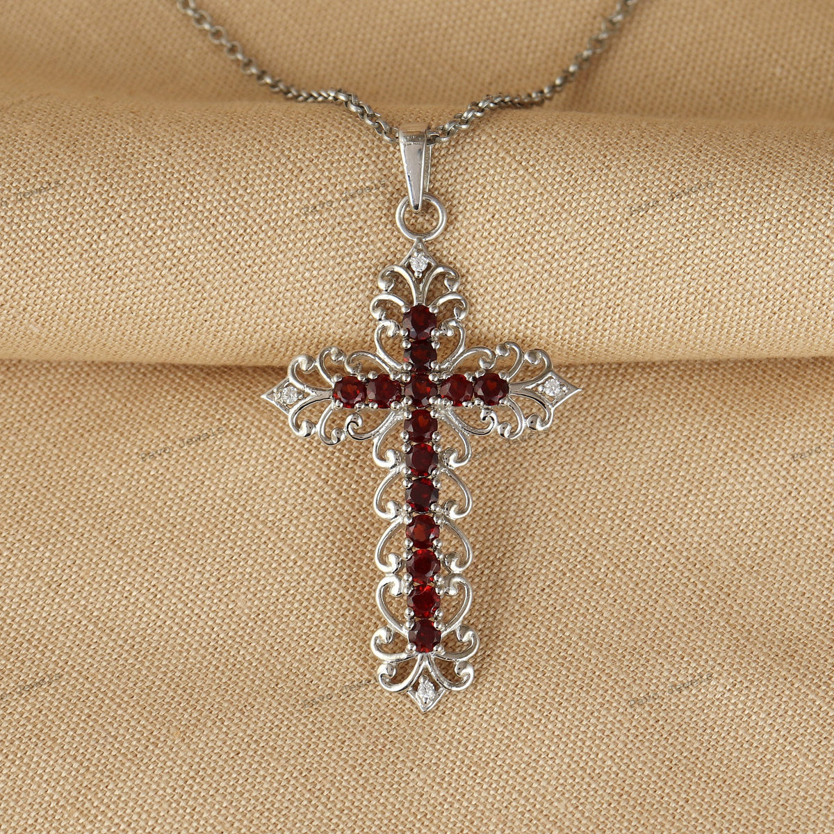 Garnet Cross Necklace Silver, January Birthstone Jewelry, Religious Gift for Women