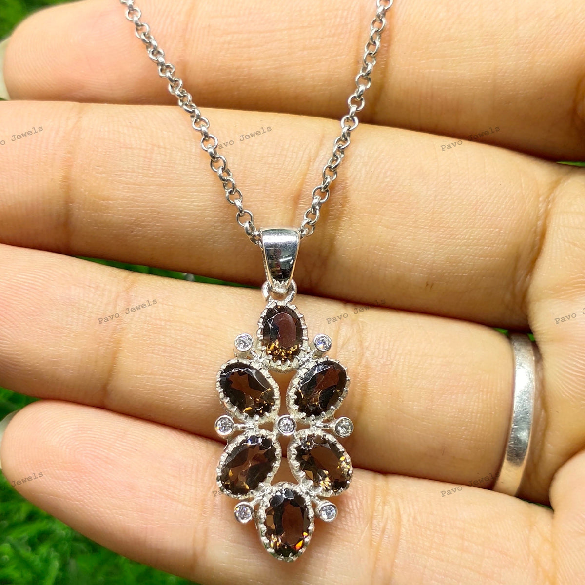 Natural Smoky Quartz Pendant-925 Sterling Silver Jewelry-Oval Gemstone Pendant-November Birthstone-Cubic Zircon-Anniversary Gift for wife