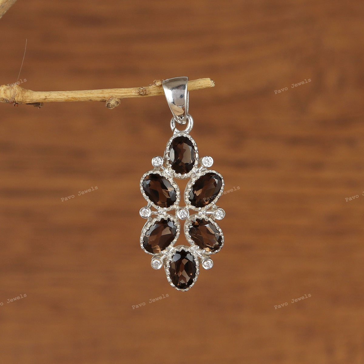 Natural Smoky Quartz Pendant-925 Sterling Silver Jewelry-Oval Gemstone Pendant-November Birthstone-Cubic Zircon-Anniversary Gift for wife