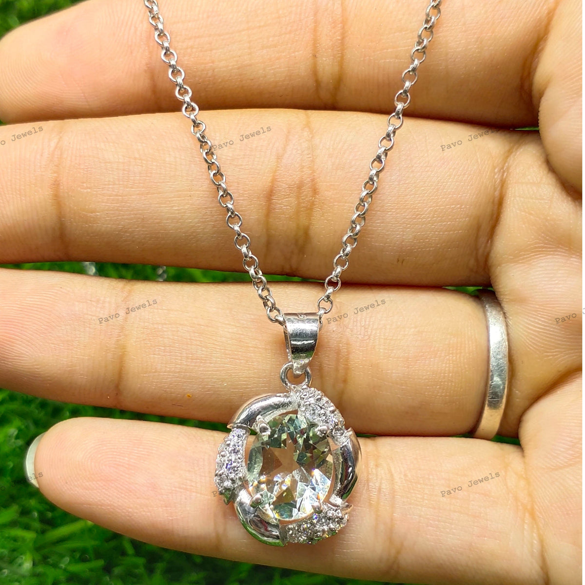 Green Amethyst Pendant Necklace, Sterling Silver, February Birthstone