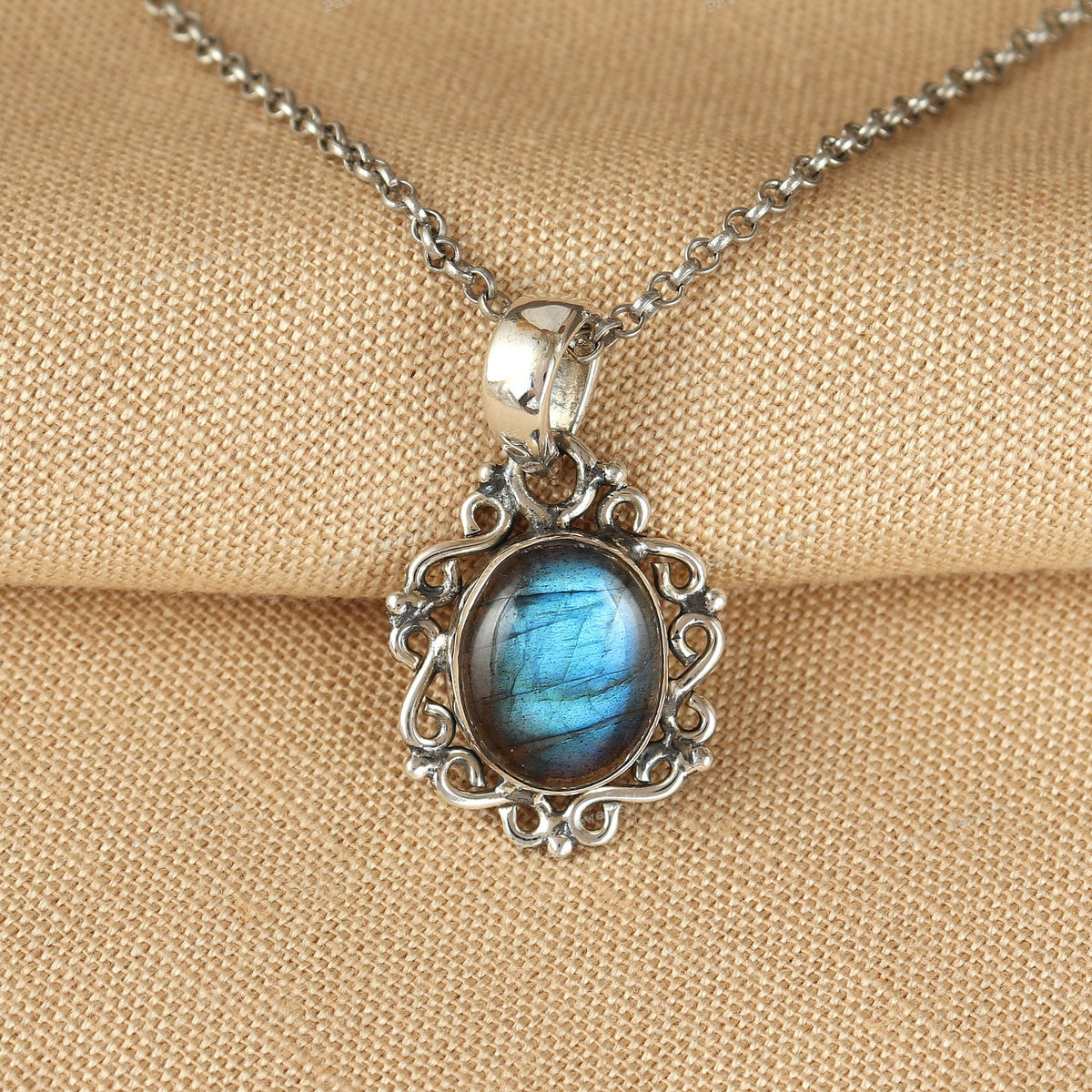 Oval Labradorite Sterling Silver Pendant, Blue Flash Filigree Necklace