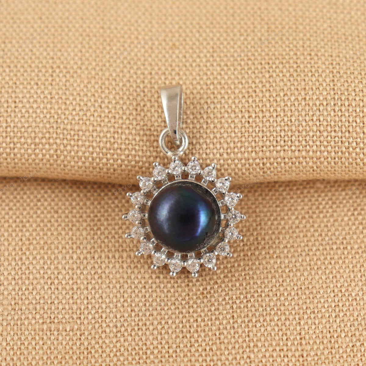 Black Pearl & CZ Diamond Gemstone Necklace Jewelry 925 Sterling Silver Handmade Sun Pendant