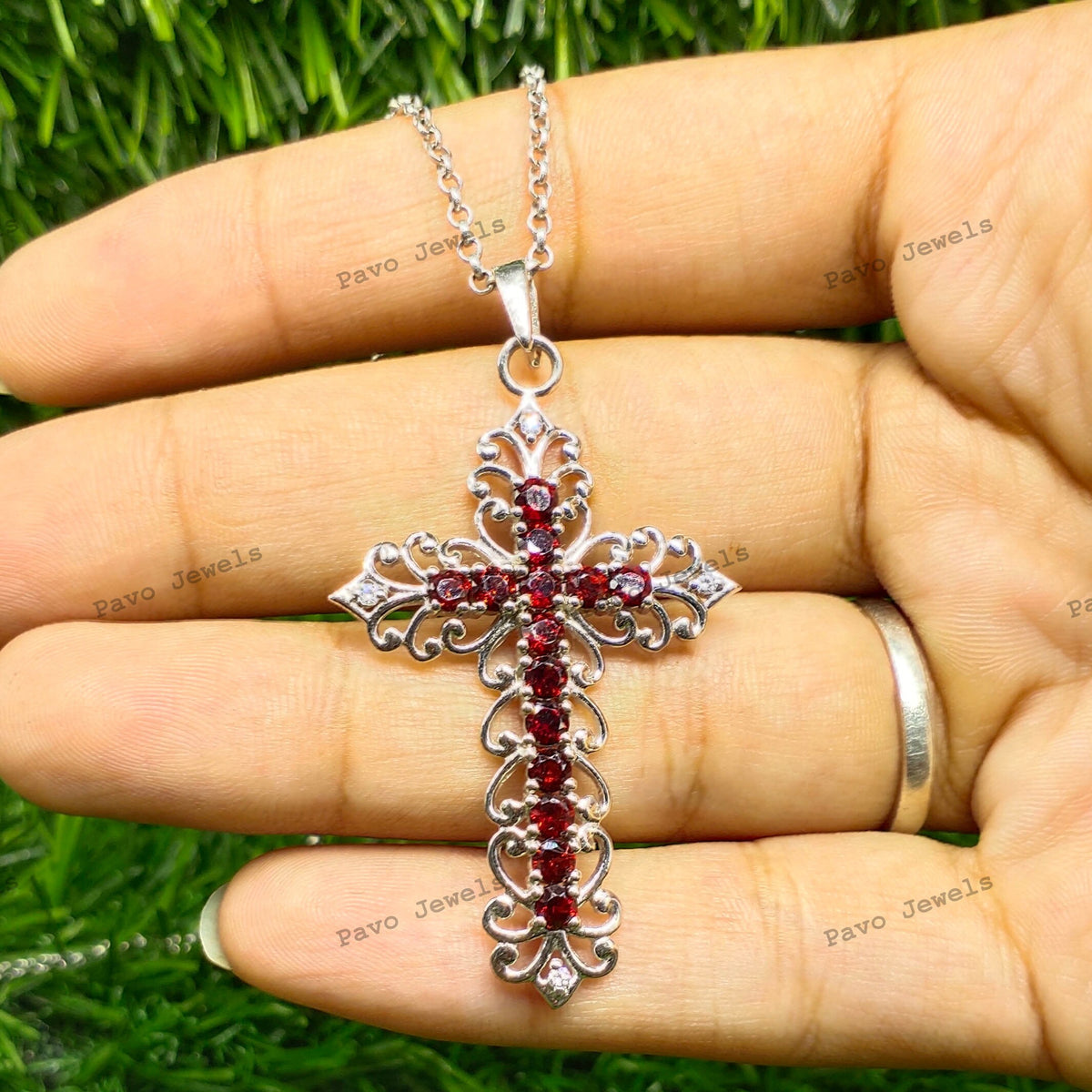 Garnet Cross Necklace Silver, January Birthstone Jewelry, Religious Gift for Women