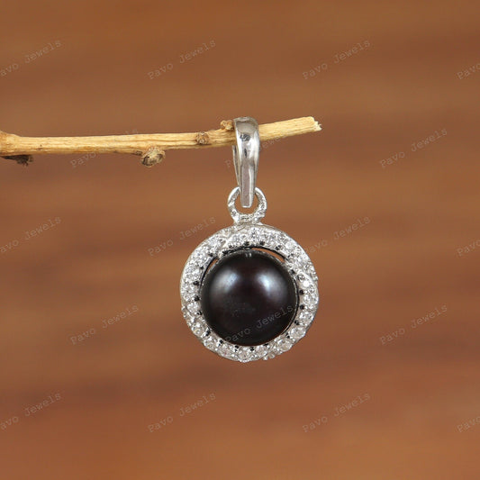 Black Pearl Pendant Necklace: 925 Sterling Silver, Round Gemstone