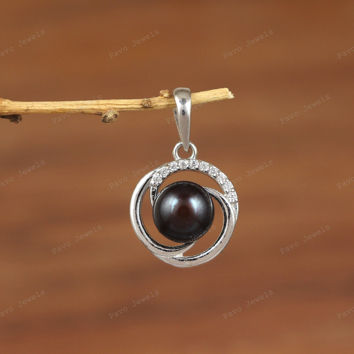 Sterling Silver Black Pearl Pendant, Round Gemstone, Minimalist Jewelry