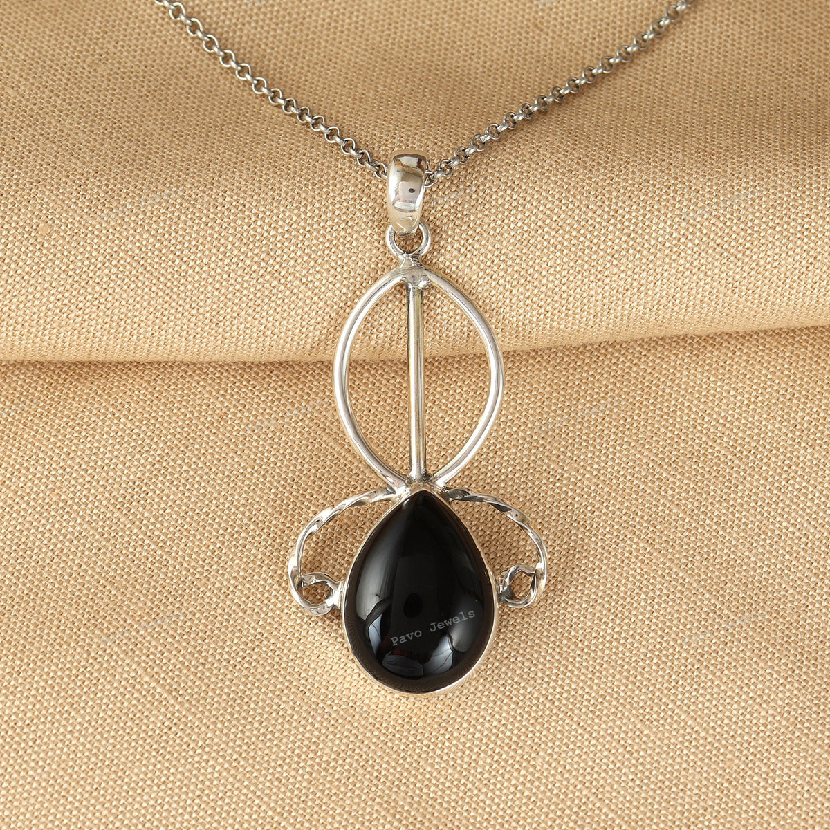 Pear Black Onyx 925 Sterling Silver Pendant, Handmade Vintage Style