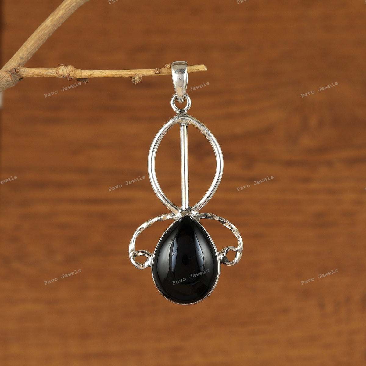 Pear Black Onyx 925 Sterling Silver Pendant, Handmade Vintage Style