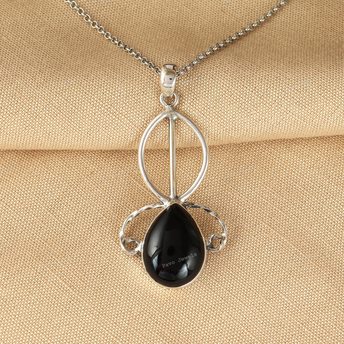 Pear Black Onyx 925 Sterling Silver Pendant, Handmade Vintage Style
