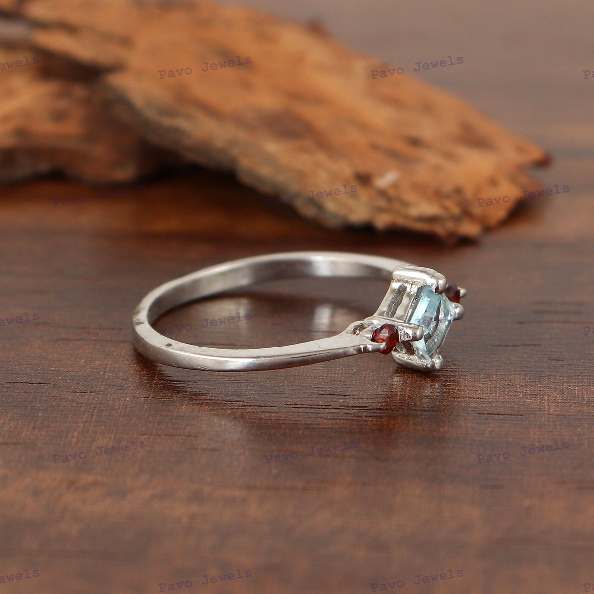Blue Topaz- Garnet Ring Sterling Silver Two Stone Birthstone Gift