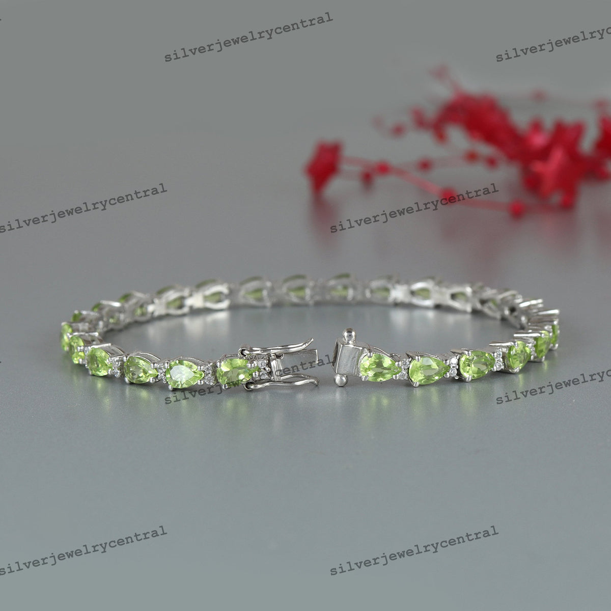 Natural Peridot Bracelet-925 Sterling Silver Bracelet-Pear Cut Gemstone Bracelet-August Birthstone Bracelet-Peridot Jewelry-Wedding Gift