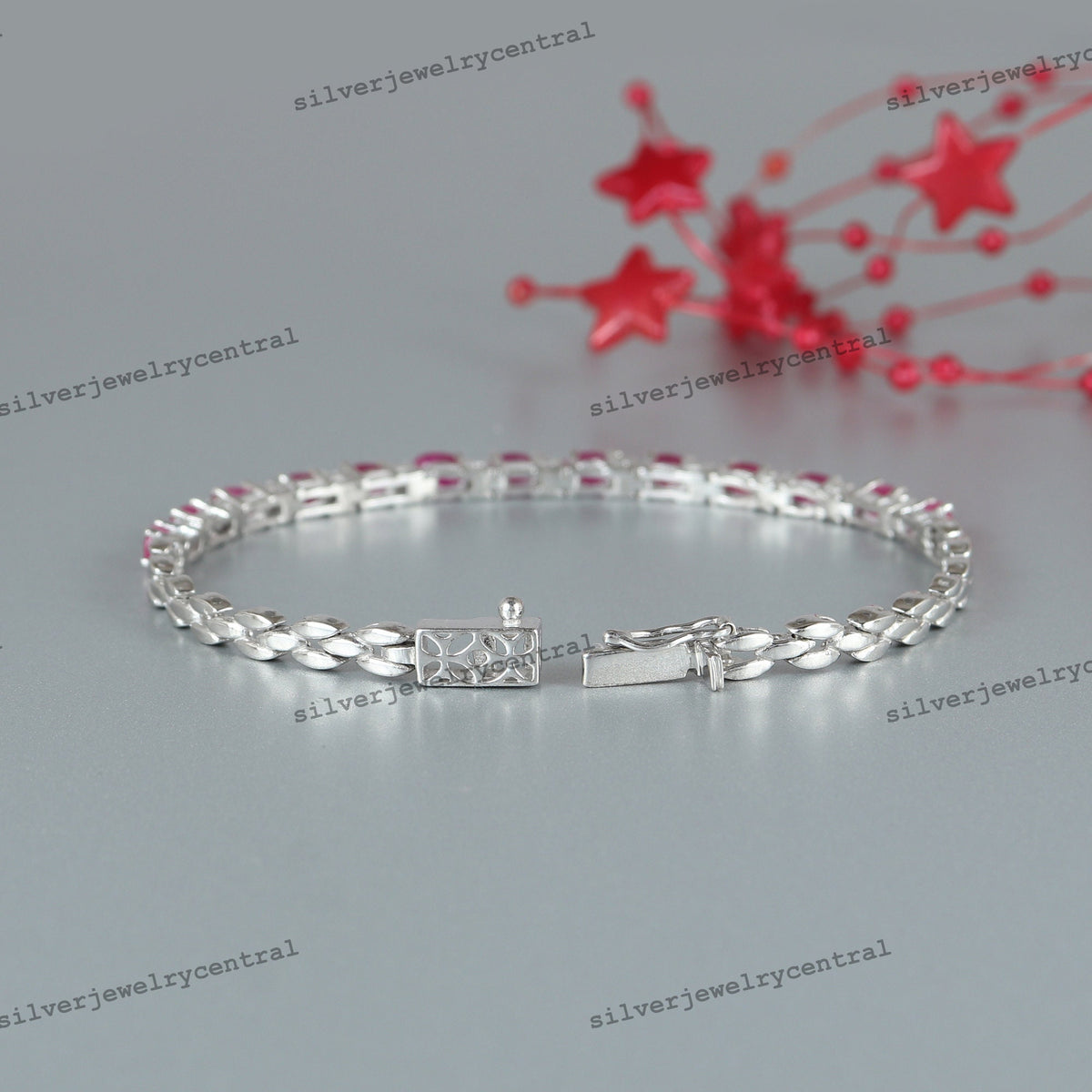 Natural Oval Ruby Diamond Tennis Bracelet, Sterling Silver, July Birthstone