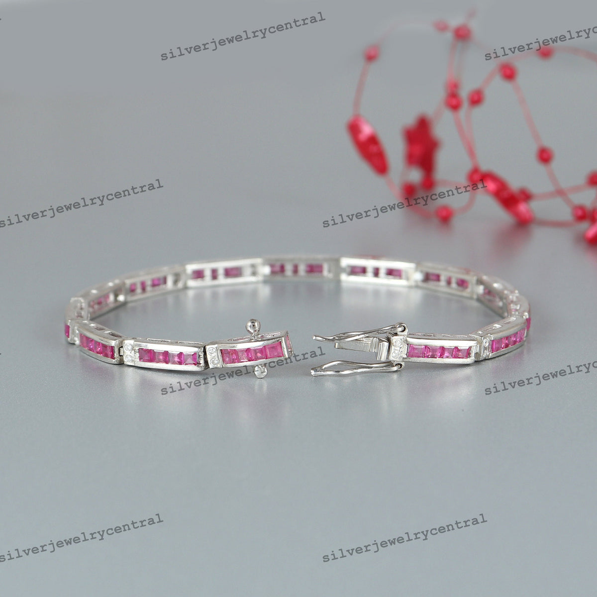 Natural Ruby and Diamond Tennis Bracelet, 925 Sterling Silver, July Birthstone