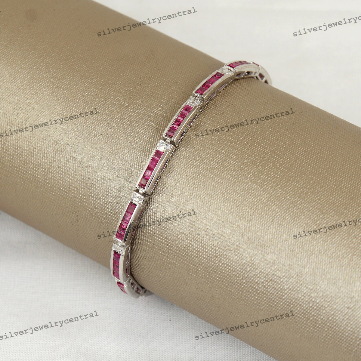 Natural Ruby and Diamond Tennis Bracelet, 925 Sterling Silver, July Birthstone