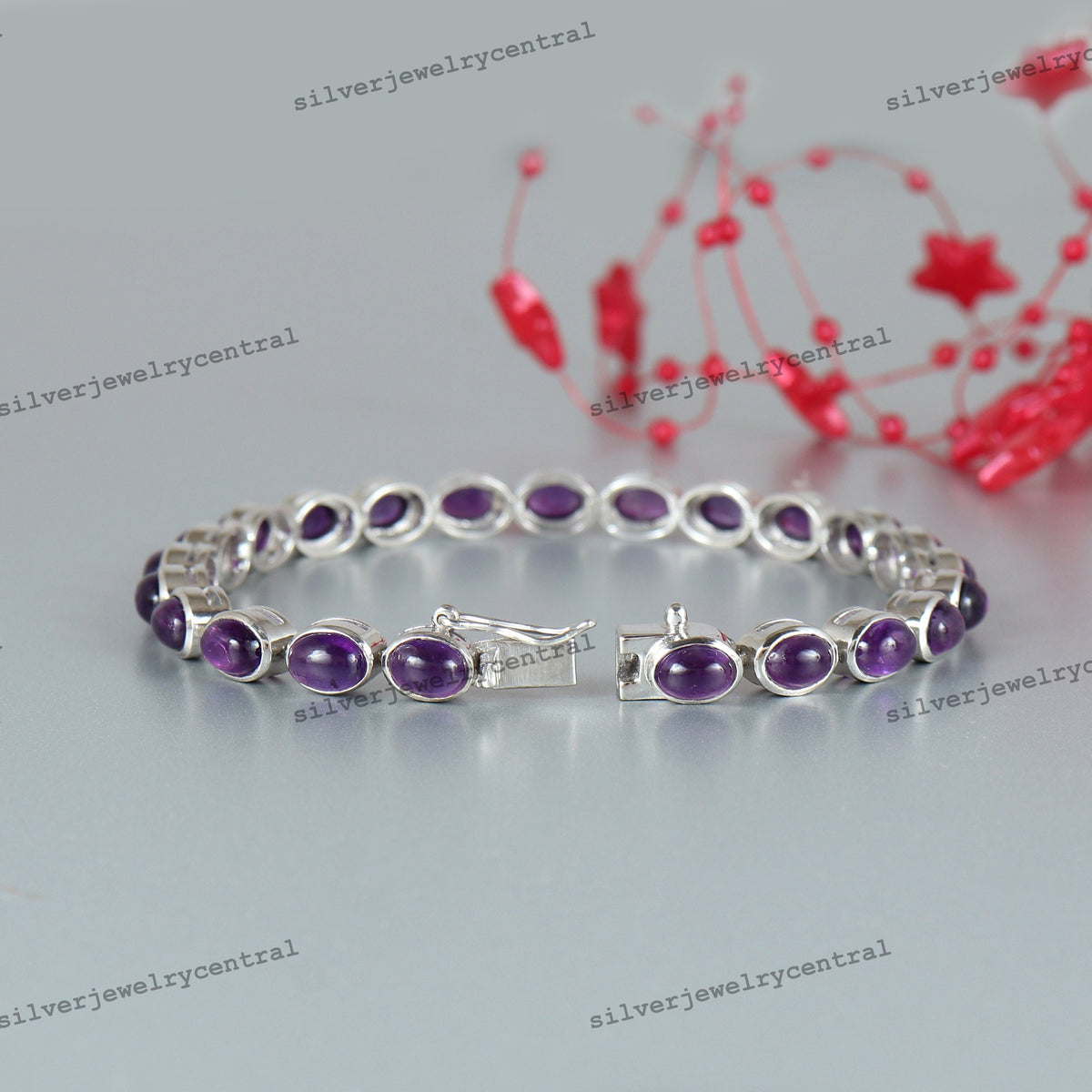 Natural Amethyst Oval Cabochon Bracelet, 925 Sterling Silver, February Birthstone, Wedding Jewelry