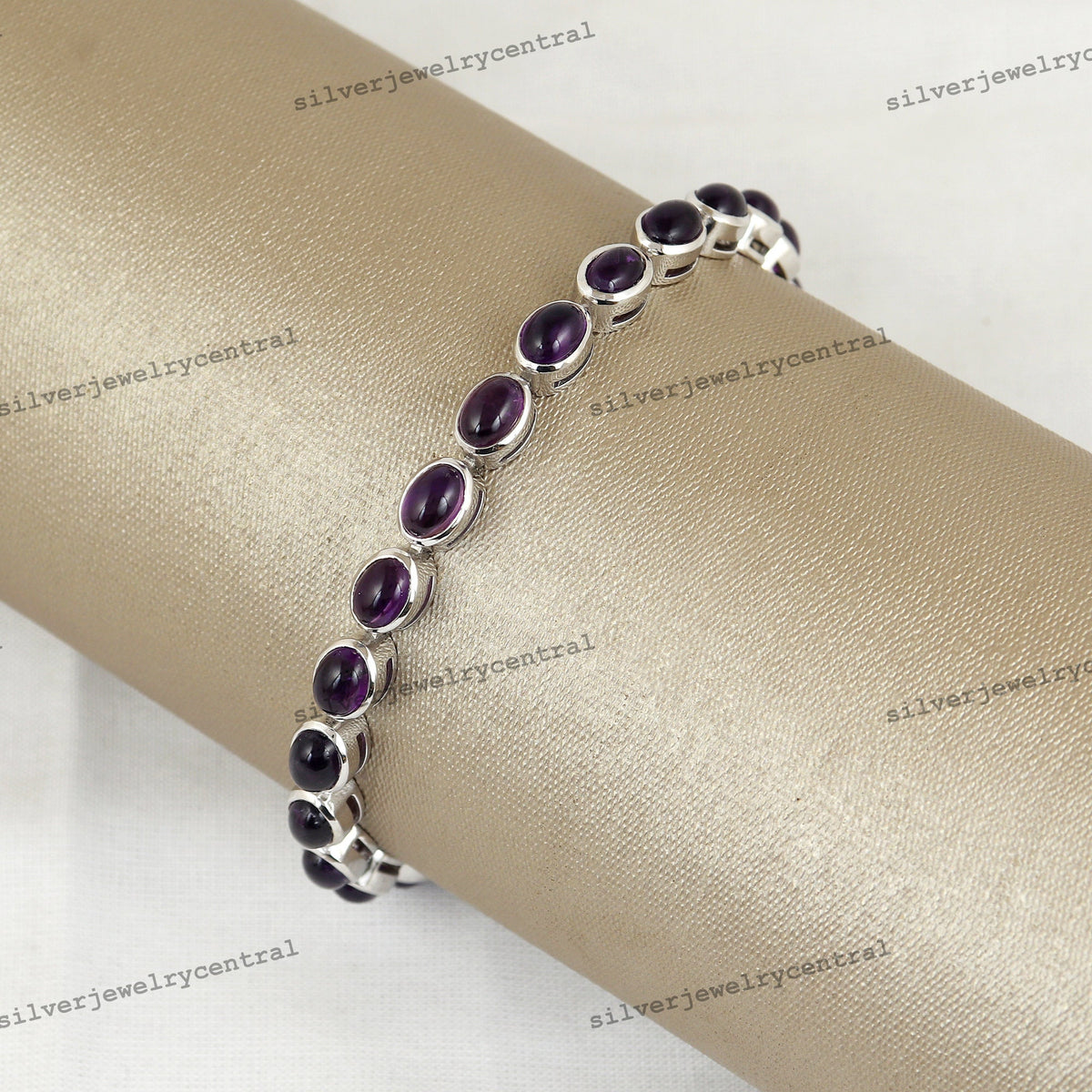 Natural Amethyst Oval Cabochon Bracelet, 925 Sterling Silver, February Birthstone, Wedding Jewelry