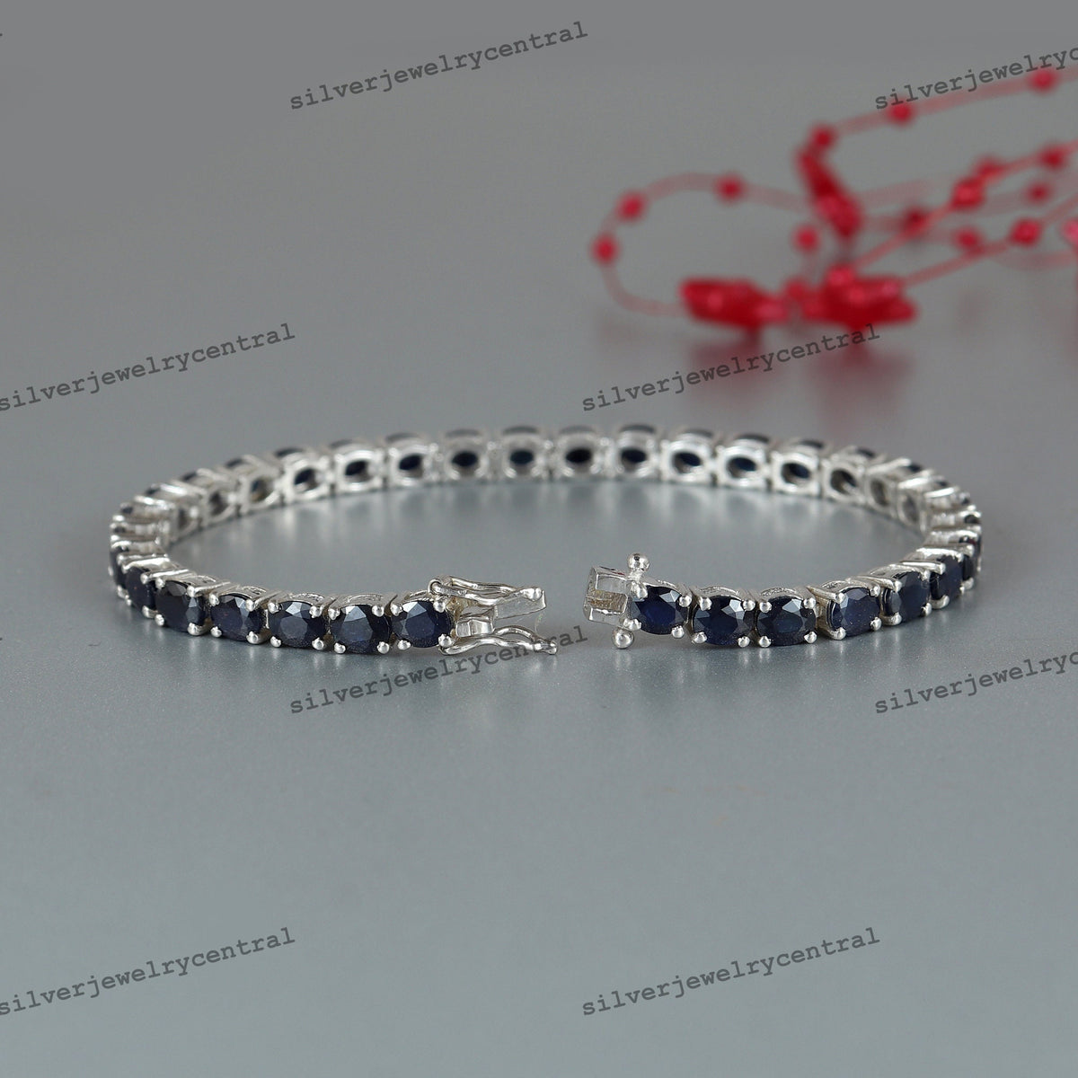Oval Cut Blue Sapphire Tennis Bracelet, 925 Sterling Silver, September Birthstone Jewelry
