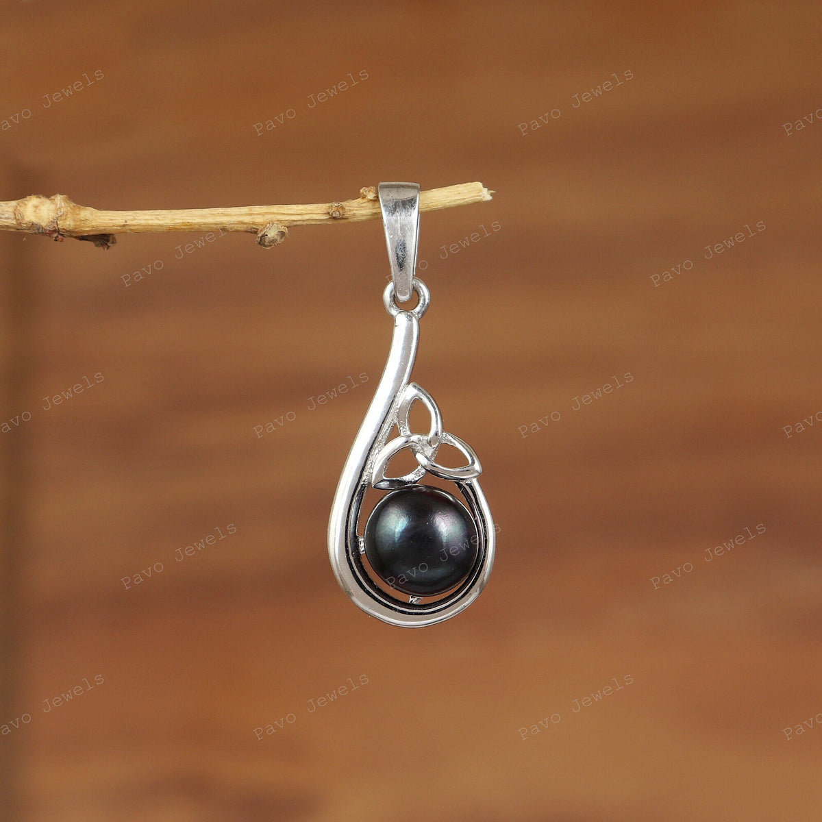 Sterling Silver Black Pearl Pendant, Minimalist Round Gemstone Jewelry