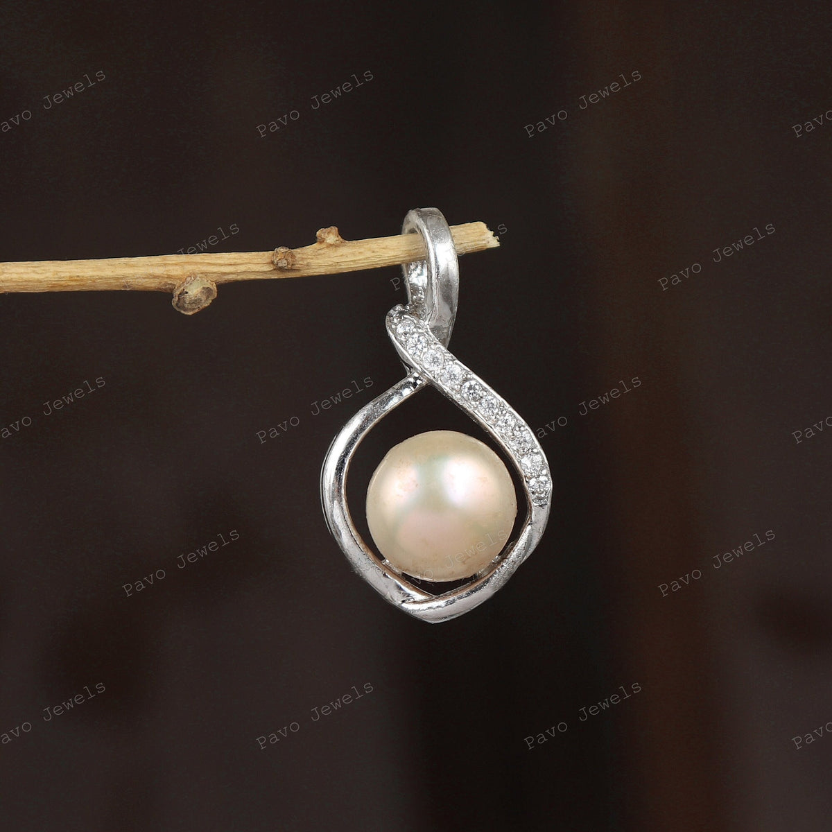 Sterling Silver Peach Pearl Pendant, Cubic Zircon Accents, June Birthstone Jewelry