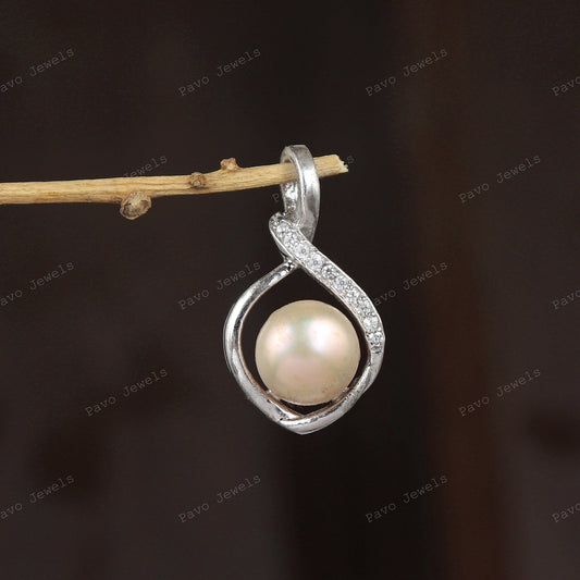 Sterling Silver Peach Pearl Pendant, Cubic Zircon Accents, June Birthstone Jewelry