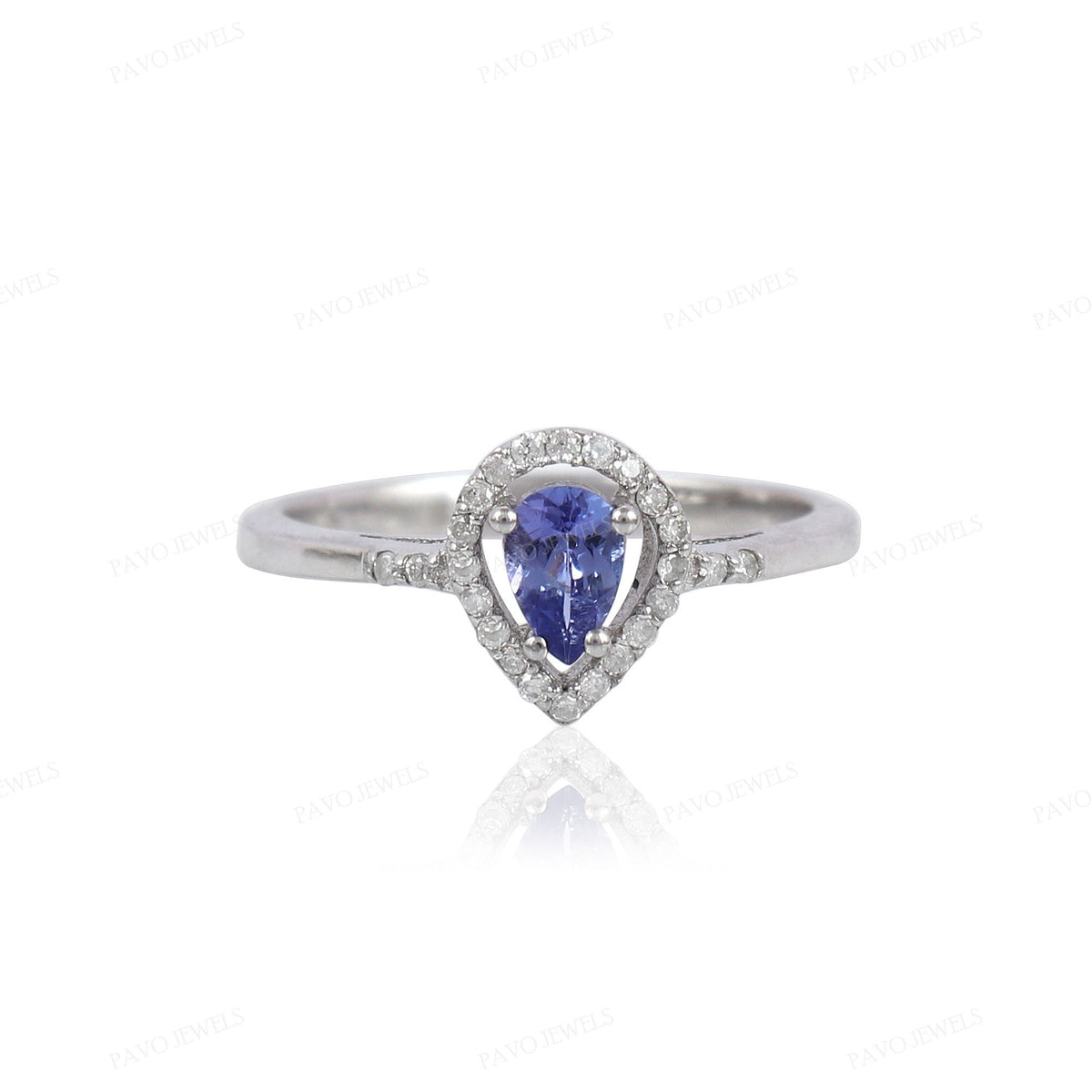 Sterling Silver Pear Tanzanite Diamond Halo Ring, Blue Violet Gemstone Band