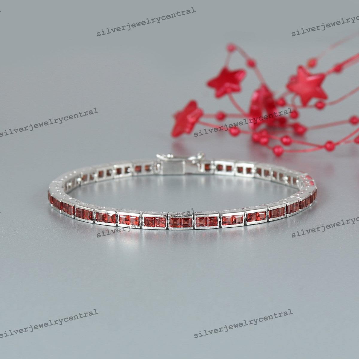Garnet Tennis Bracelet: Sterling Silver, Square Cut January Birthstone