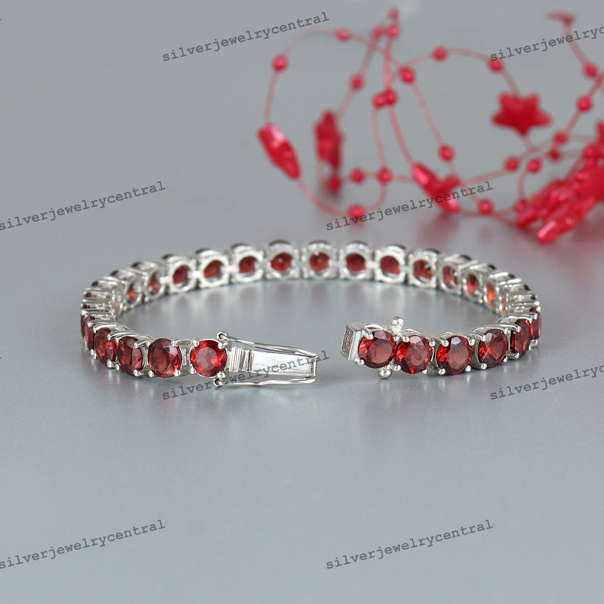Natural Garnet Gemstone 925 Sterling Silver Tennis Bracelet Handmade January Birthstone Jewelry
