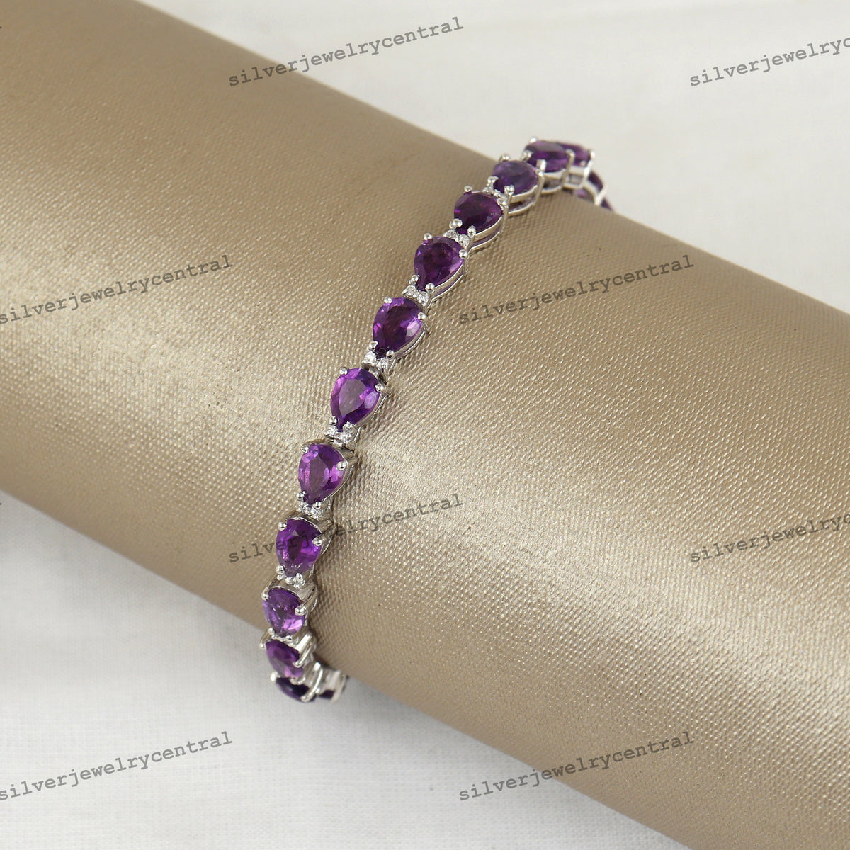 Natural Amethyst Tennis Bracelet-Sterling Silver-Pear Gemstone-February Birthstone