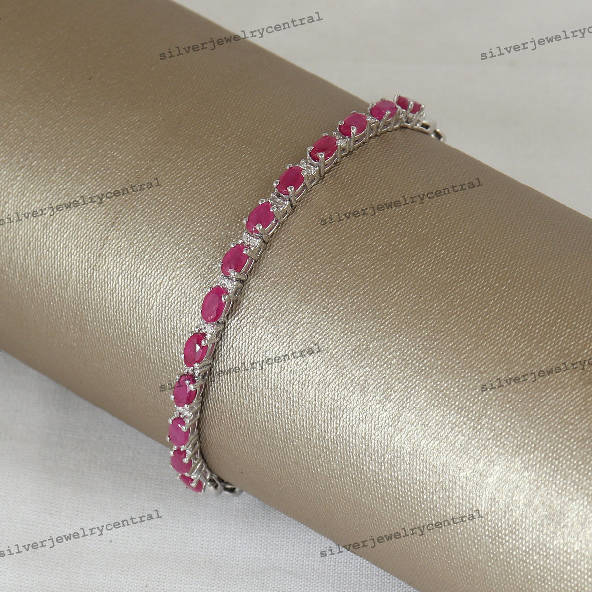 Natural Oval Ruby Diamond Tennis Bracelet, Sterling Silver, July Birthstone
