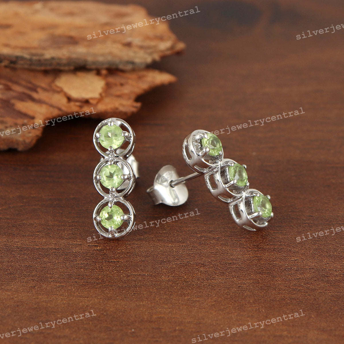 Natural Peridot Stud Earrings, Solid 925 Silver, August Birthstone, Round Faceted Gemstone