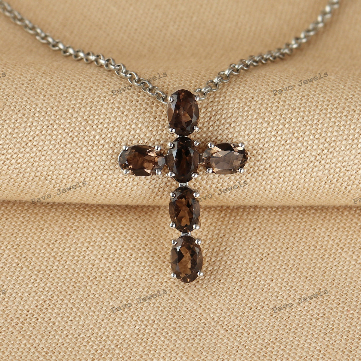 Smoky Quartz Cross Pendant Necklace: 925 Sterling Silver, June Birthstone