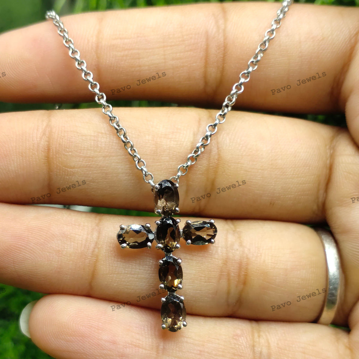 Smoky Quartz Cross Pendant Necklace: 925 Sterling Silver, June Birthstone