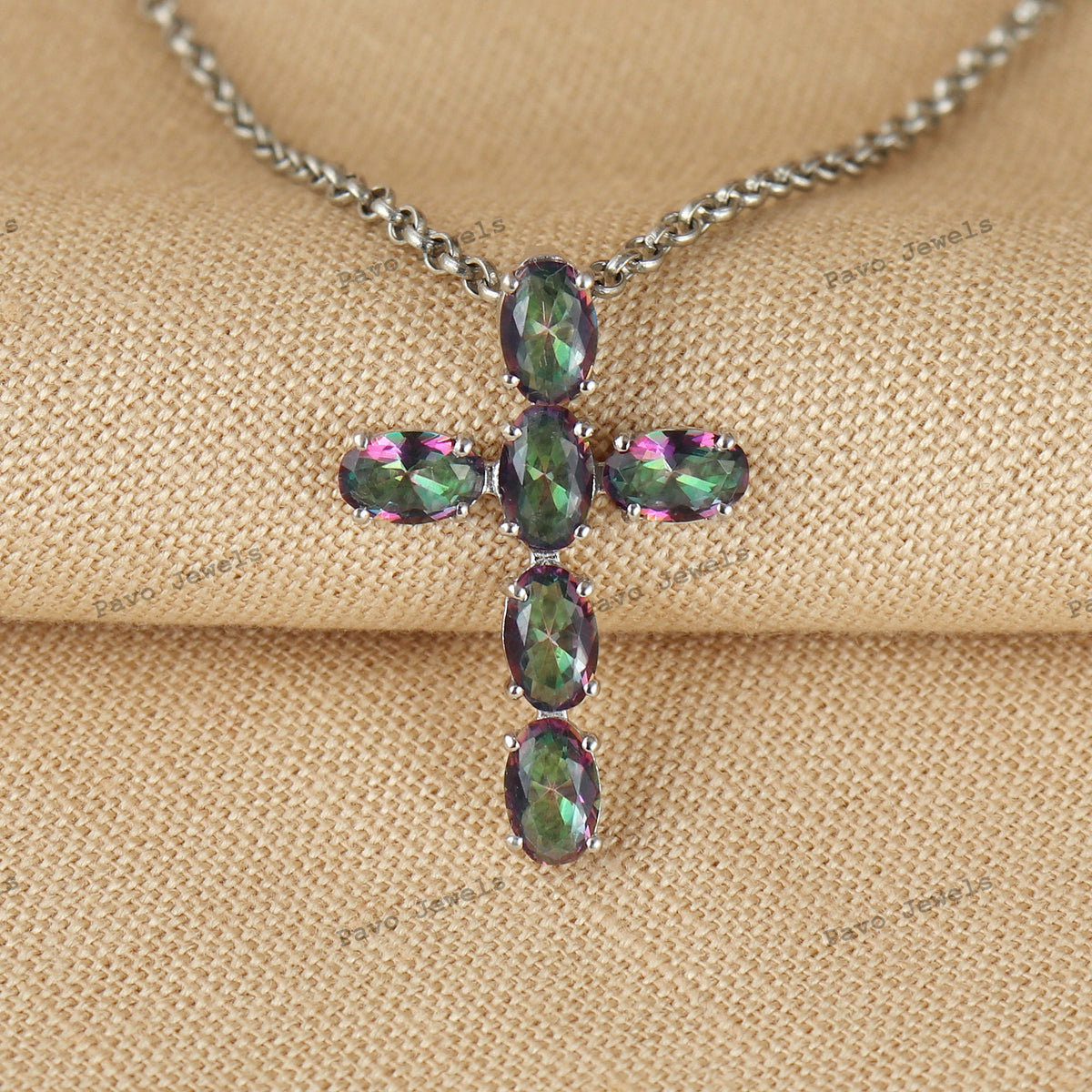 Natural Mystic Topaz Cross Pendant-Gemstone Minimalist Pendant-925 Sterling Silver Jewelry-Multi Stone Chain Necklace-Engagement Gift