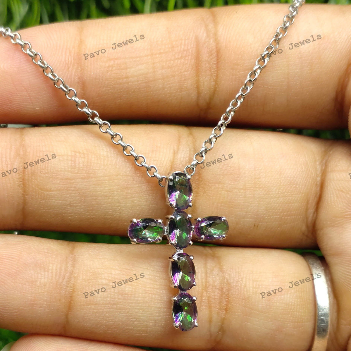 Natural Mystic Topaz Cross Pendant-Gemstone Minimalist Pendant-925 Sterling Silver Jewelry-Multi Stone Chain Necklace-Engagement Gift