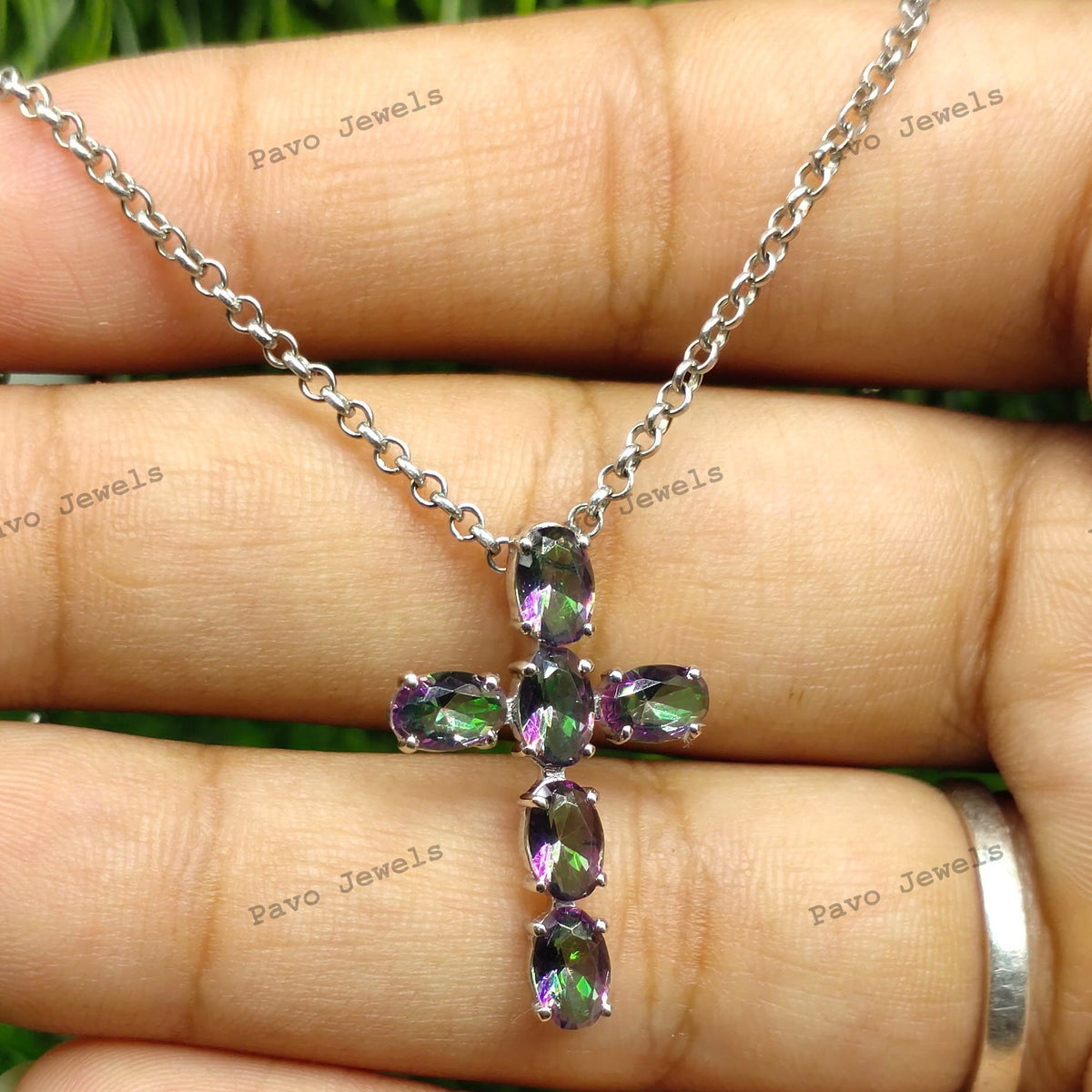 Natural Mystic Topaz Cross Pendant-Gemstone Minimalist Pendant-925 Sterling Silver Jewelry-Multi Stone Chain Necklace-Engagement Gift