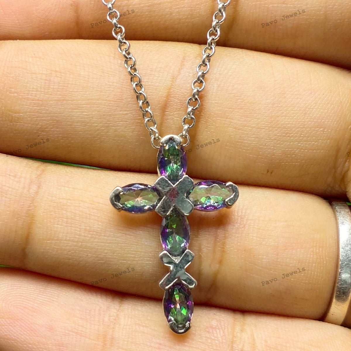 Mystic Topaz Cross Pendant: 925 Sterling Silver November Birthstone