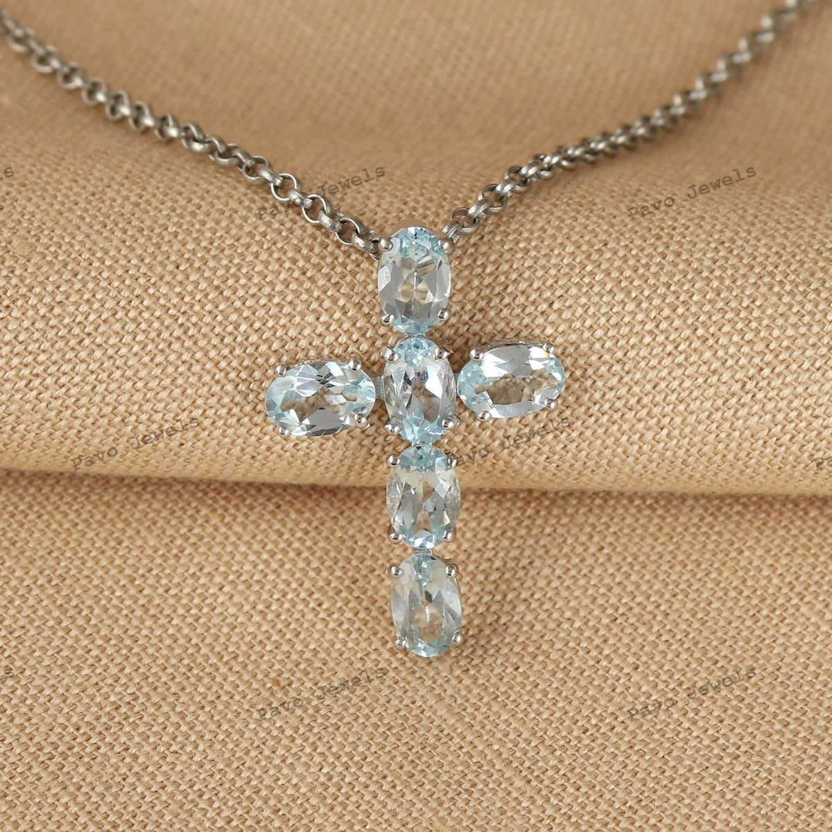 Blue Topaz Cross Pendant, Sterling Silver Gemstone, December Birthstone Jewelry Necklace