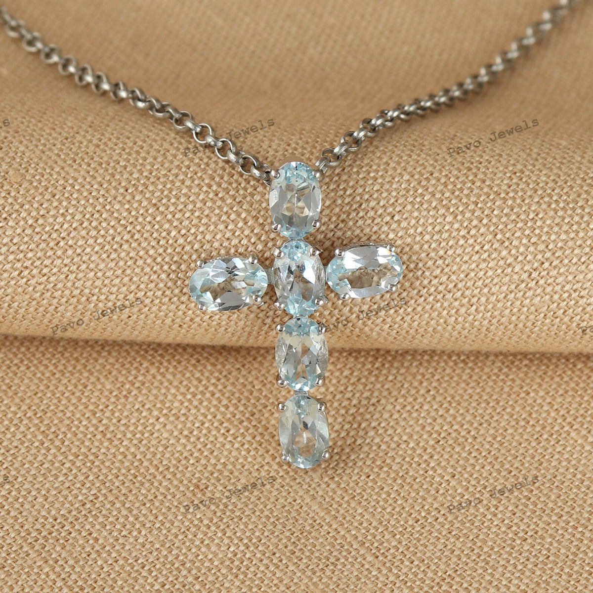 Blue Topaz Cross Pendant, Sterling Silver Gemstone, December Birthstone Jewelry Necklace