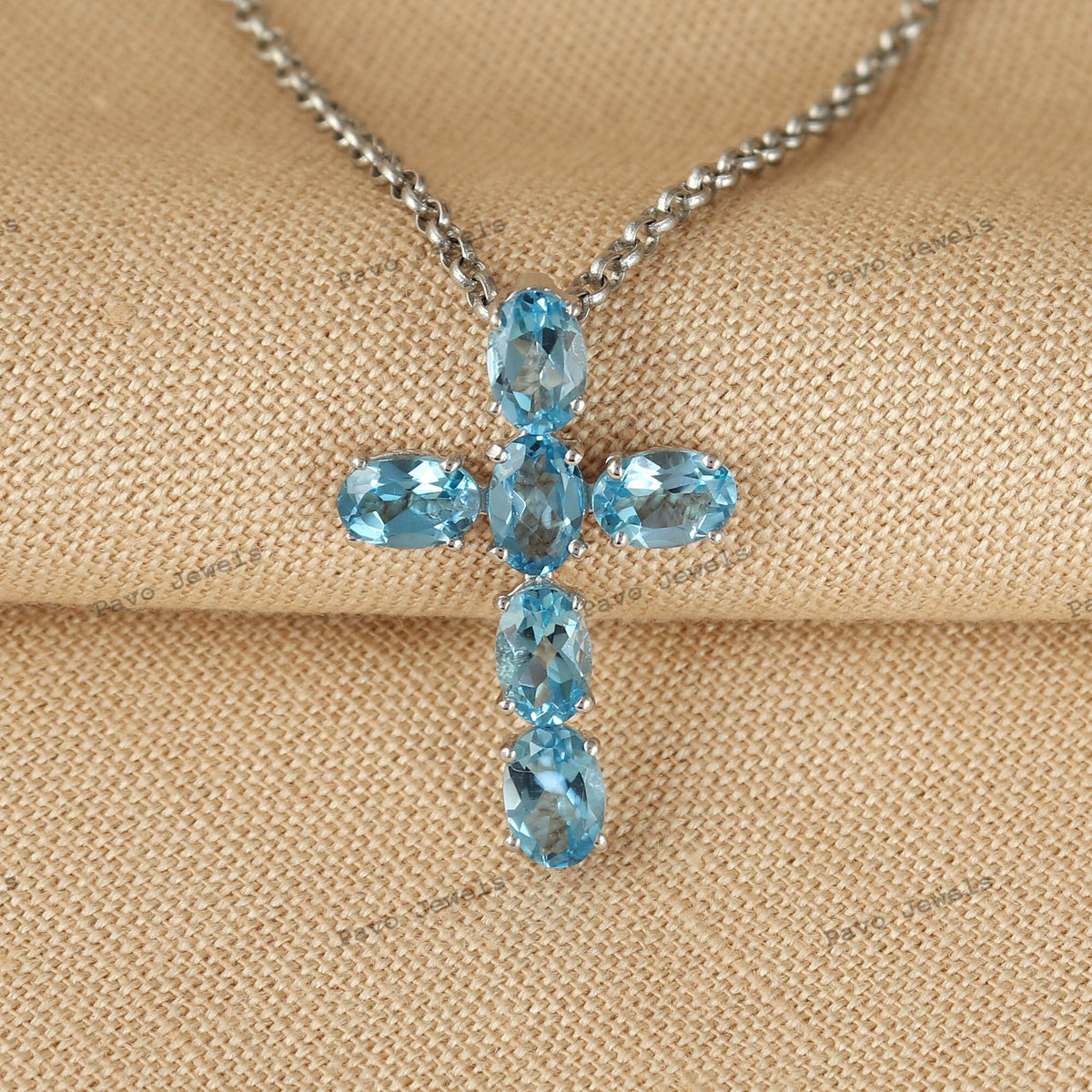 Swiss Blue Topaz Cross Pendant Dainty Sterling Silver Unique Handmade Gemstone Artisan Jewelry Necklace
