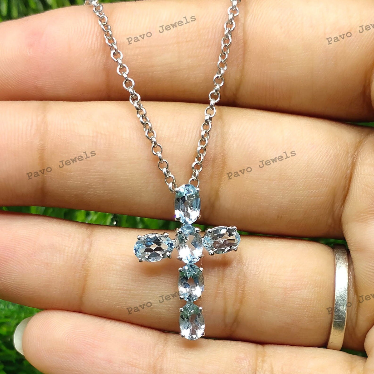 Blue Topaz Cross Pendant, Sterling Silver Gemstone, December Birthstone Jewelry Necklace