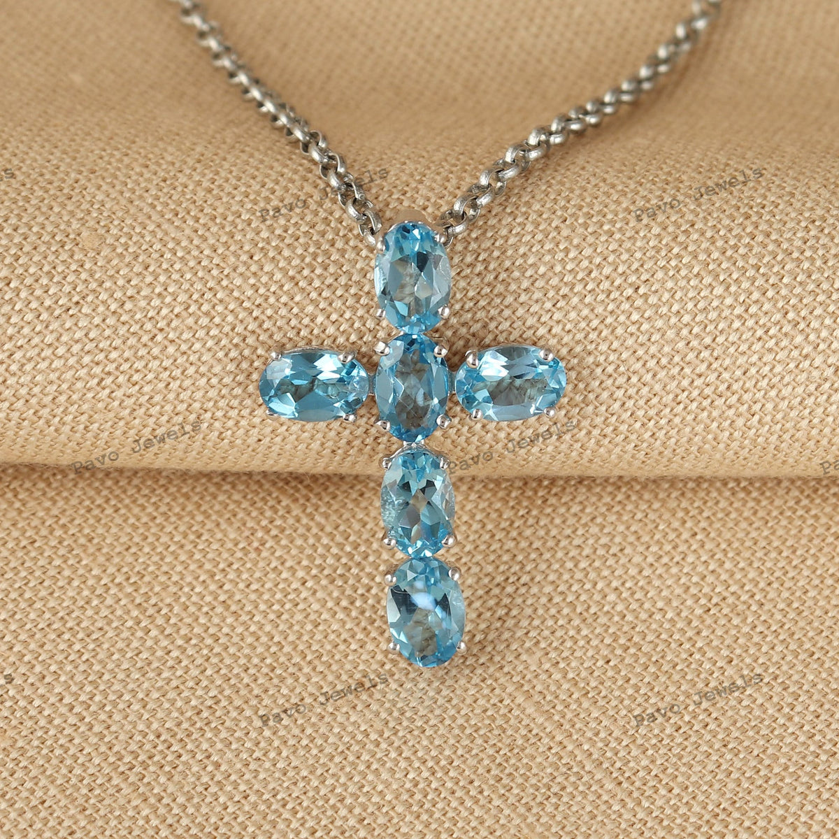 Swiss Blue Topaz Cross Pendant Dainty Sterling Silver Unique Handmade Gemstone Artisan Jewelry Necklace
