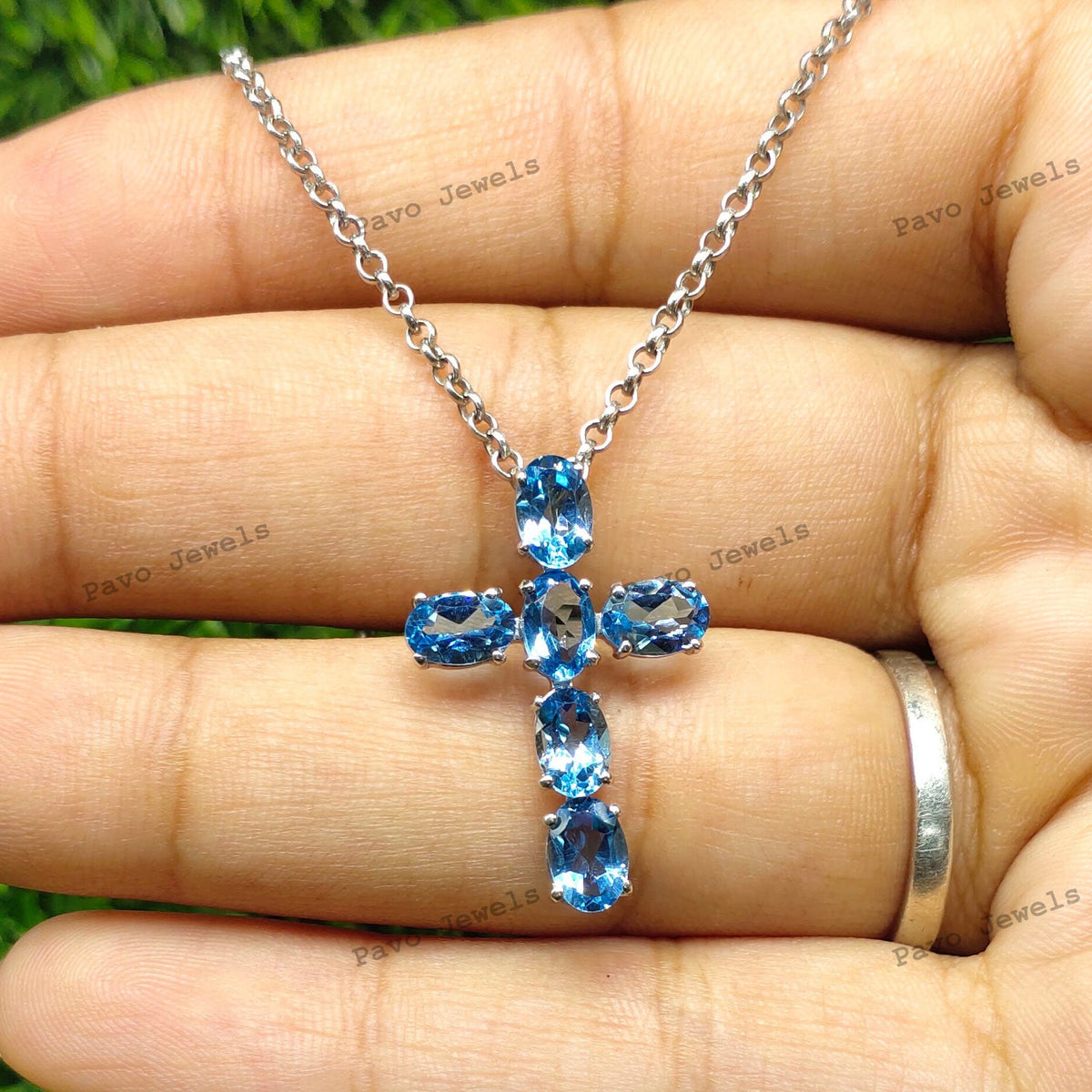 Swiss Blue Topaz Cross Pendant Dainty Sterling Silver Unique Handmade Gemstone Artisan Jewelry Necklace