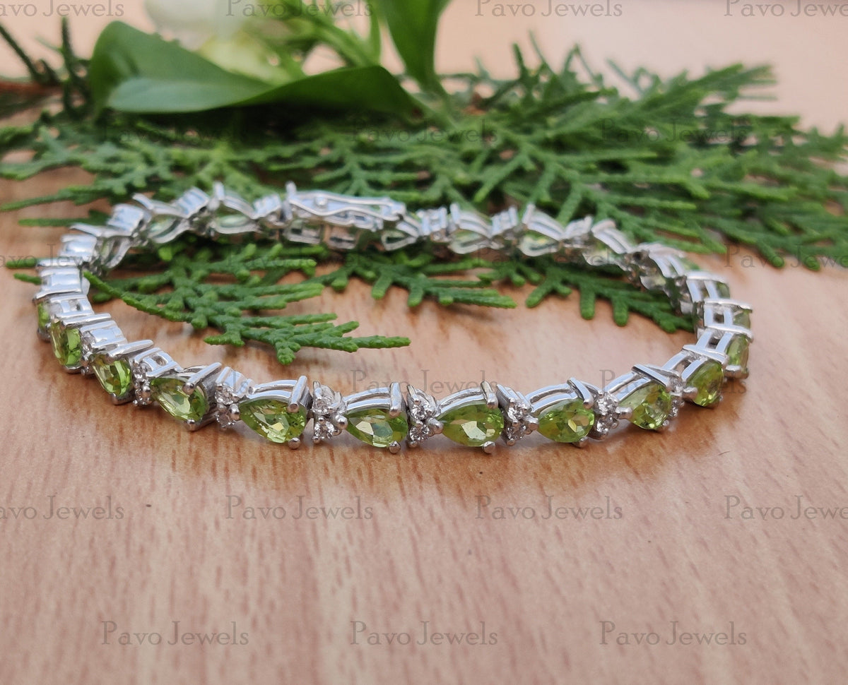 Peridot Pear Cut Tennis Bracelet: 925 Sterling Silver, August Birthstone