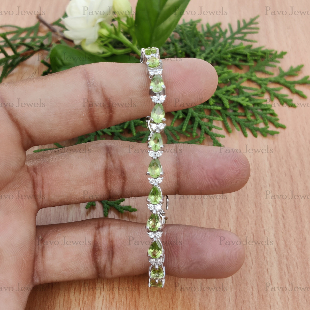 Peridot Pear Cut Tennis Bracelet: 925 Sterling Silver, August Birthstone