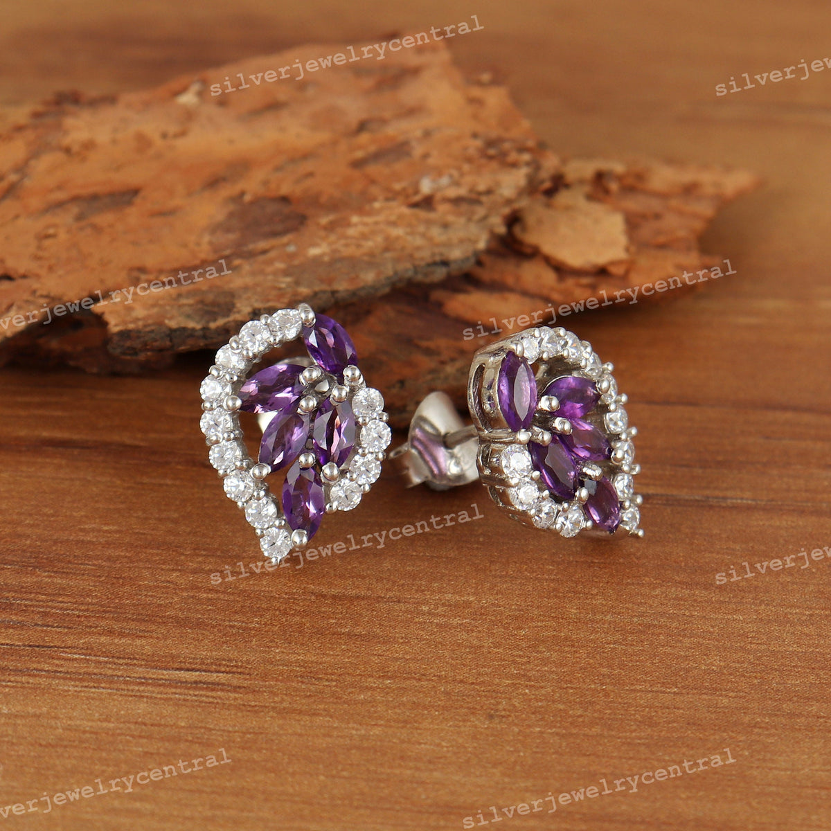 Marquise Amethyst Stud Earrings, 925 Sterling Silver, CZ Accents, February Birthstone