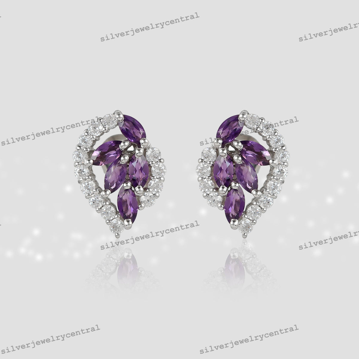 Marquise Amethyst Stud Earrings, 925 Sterling Silver, CZ Accents, February Birthstone