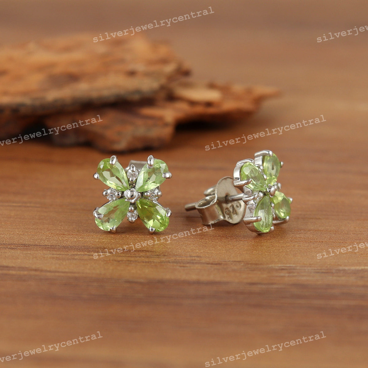 Natural Peridot Pear Cut Stud Earrings, 14k White Gold Flower Jewelry (August Birthstone)